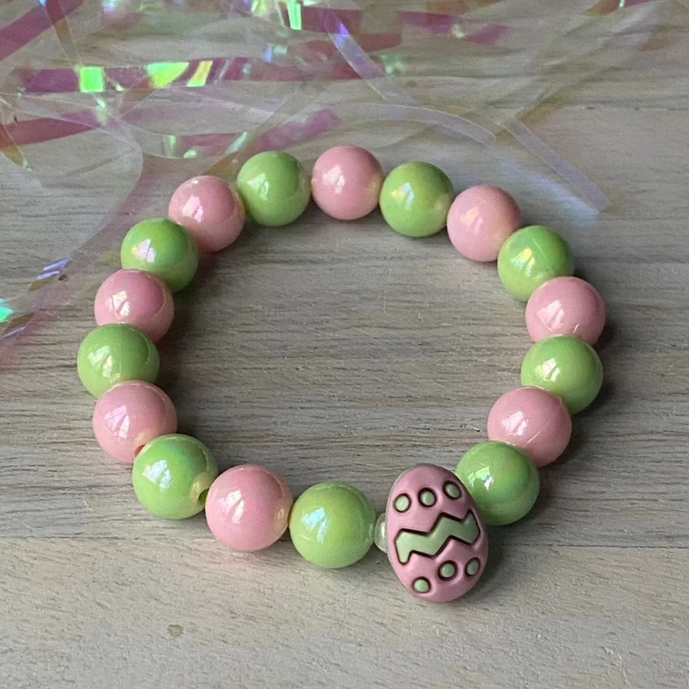 Girls Easter Egg Pastel Beaded Bracelet Pink Green Easter Basket Stacking
